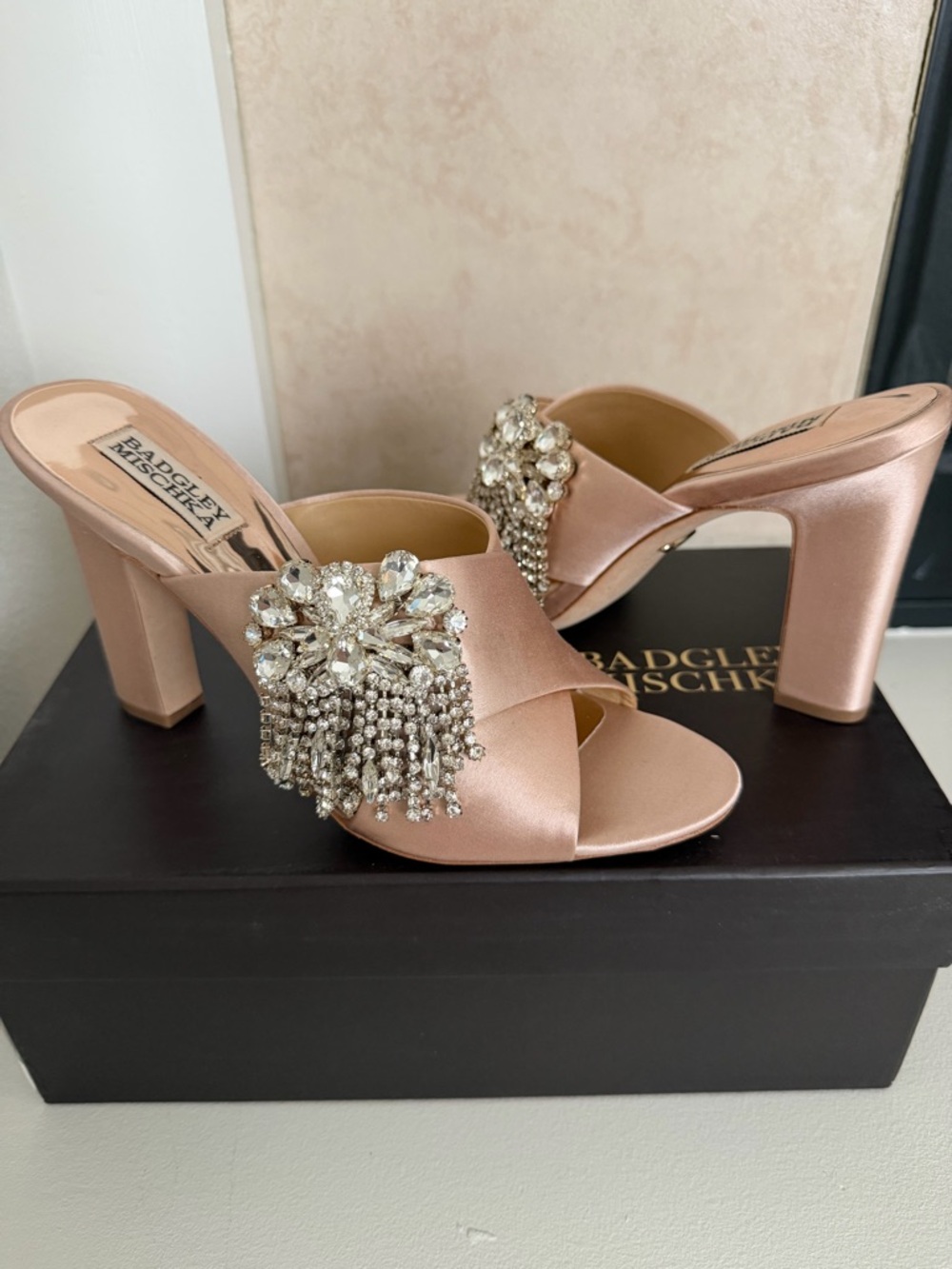 Badgley Mischka Farrah Blush Satin Crystal Tassel Heeled Mules Sandals